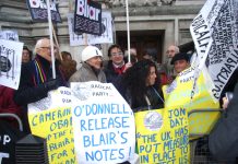 Part of the hundreds protesting outside the Chilcot Inquiry yesterday demanding that Blair’s notes be released