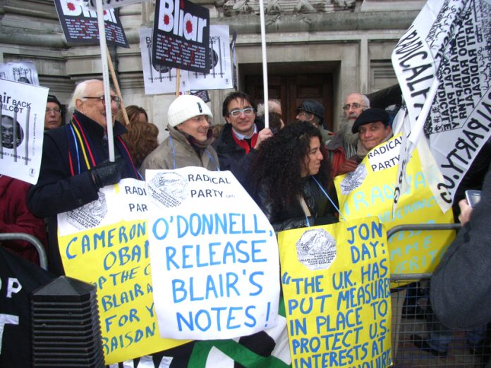 Part of the hundreds protesting outside the Chilcot Inquiry yesterday demanding that Blair’s notes be released