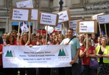 Students and teachers join together in a Westminster demonstration last July against the coalition’s ‘Big School Fiasco’