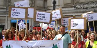 Students and teachers join together in a Westminster demonstration last July against the coalition’s ‘Big School Fiasco’