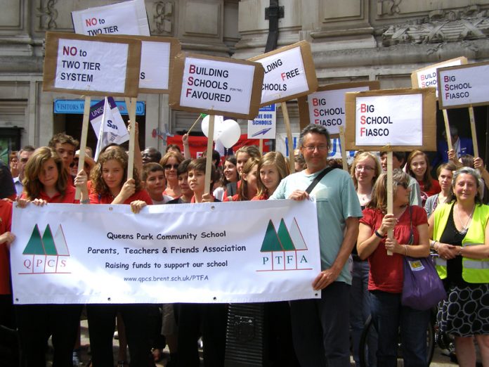 Students and teachers join together in a Westminster demonstration last July against the coalition’s ‘Big School Fiasco’