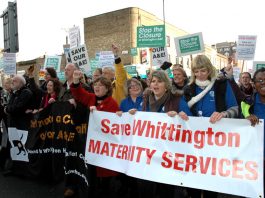 Midwives, local residents and other health workers demonstrate in defence of maternity and A&E services at Whittington Hospital in north London