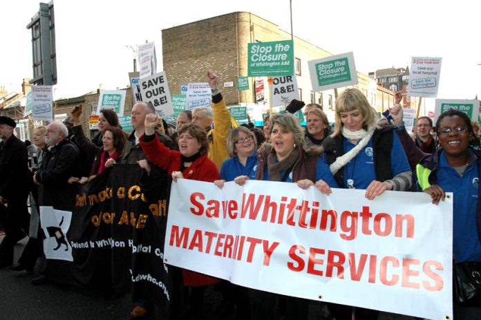 Midwives, local residents and other health workers demonstrate in defence of maternity and A&E services at Whittington Hospital in north London