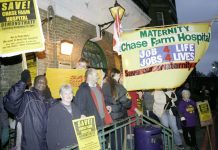 Midwives’ banner outside Chase Farm Hospital maternity unit at the start of the campaign by the North East London Council of Action