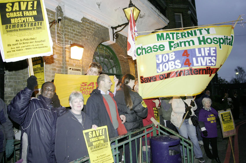 Midwives’ banner outside Chase Farm Hospital maternity unit at the start of the campaign by the North East London Council of Action