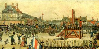 A painting showing the guillotine that was used to behead aristocrats after the French Revolution