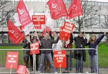 BA cabin crew strikers on the picket line at Heathrow last March