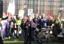 Trade unionists, community groups and musicians rallied outside parliament yesterday against the abolition of public bodies