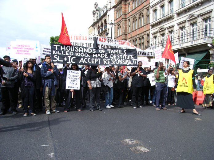 A section of the London demonstration in June 2009 following the massacre of thousands of Tamils by the Sri Lankan army