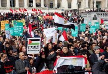 A section of the 2,000 strong rally on Saturday in Trafalgar Square