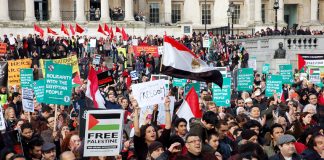 A section of the 2,000 strong rally on Saturday in Trafalgar Square