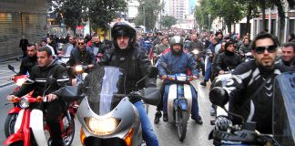 Greek transport workers demonstration led by a cavalcade of 200 motorcyclists in Athens
