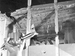 A sculpture of a Libyan arm seizing an American bomber plane, standing outside the home of Muammar Gadaffi, bombed in 1986 – the site from which he gave his speech on Tuesday