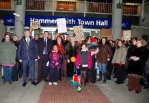 Families demonstrating outside Hammersmith Town Hall in west London against the Tory-LibDem coalition’s savage cuts programme, which also means savage cuts in wages, pensions and benefits