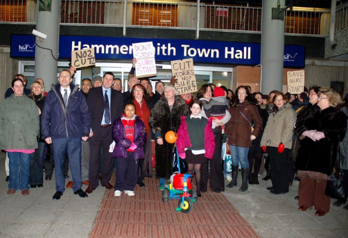 Families demonstrating outside Hammersmith Town Hall in west London against the Tory-LibDem coalition’s savage cuts programme, which also means savage cuts in wages, pensions and benefits