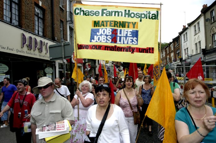 Maternity Unit banner on a march in Enfield against the closure of the Chase Farm Hospital