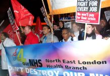 Doctors, nurses and ancillary staff joined a mass march against the destruction of the NHS from the Royal London Hospital to Bart’s Hospital on Wednesday