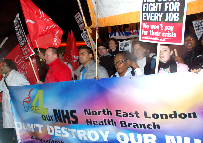 Doctors, nurses and ancillary staff joined a mass march against the destruction of the NHS from the Royal London Hospital to Bart’s Hospital on Wednesday