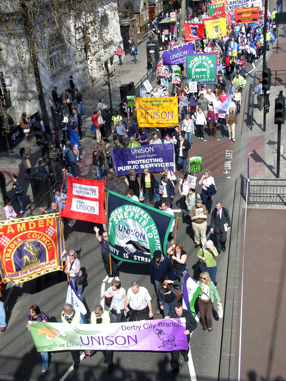 Union banners from Sheffield, Derby, London and other towns and cities as workers converge on London last April, warning of devastating attacks on public services