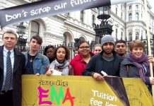 Dave Prentis, the leader of Unison (left), with students from Hackney BSix College outside Downing Street yesterday