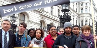 Dave Prentis, the leader of Unison (left), with students from Hackney BSix College outside Downing Street yesterday