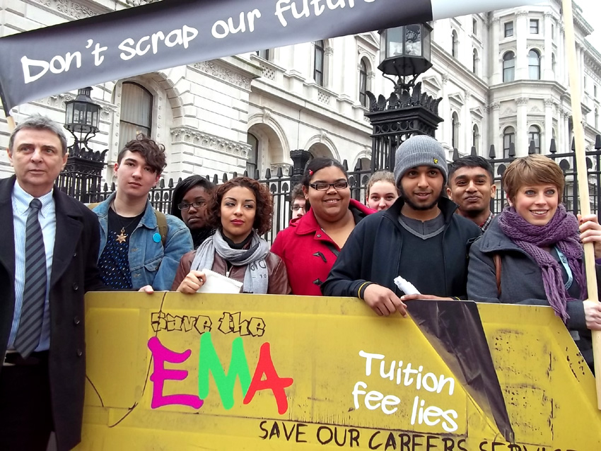 Dave Prentis, the leader of Unison (left), with students from Hackney BSix College outside Downing Street yesterday