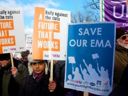 Abolition of EMA ‘will lead to a devastating drop in young people staying in education’ Placards held aloft on the NUS/TUC march in Manchester in January