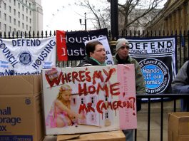 Tenants demonstrate outside Downing Street against attacks on council housing and housing benefit rights for tenants
