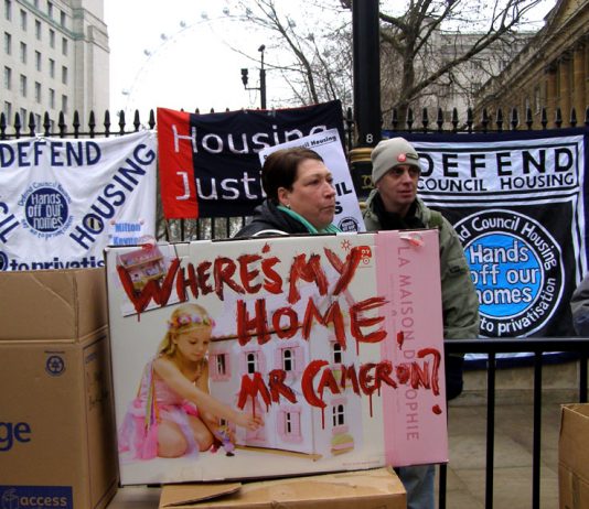 Tenants demonstrate outside Downing Street against attacks on council housing and housing benefit rights for tenants
