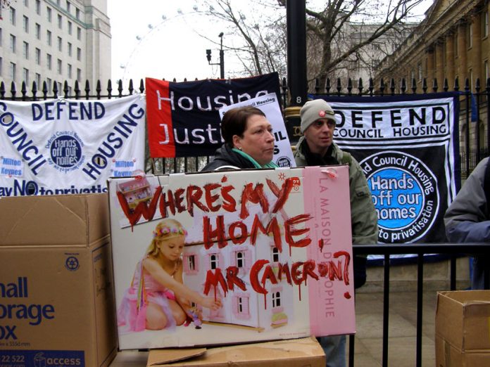 Tenants demonstrate outside Downing Street against attacks on council housing and housing benefit rights for tenants