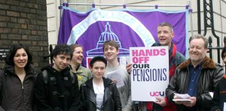 Students join lecturers on the picket line outside University College London yesterday morning