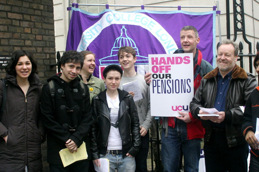 Students join lecturers on the picket line outside University College London yesterday morning