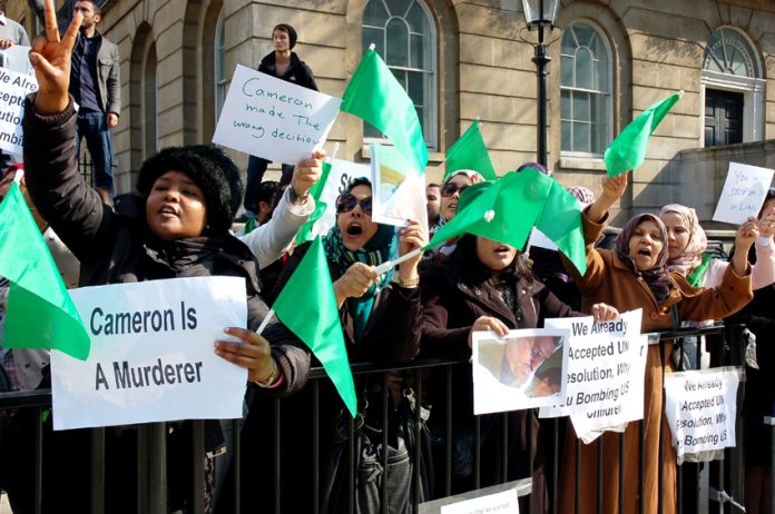 Libyan demonstrators at 10 Downing Street on Monday indict Cameron and imperialism and declare their support for Colonel Gadaffi