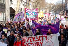 Yesterday’s march by lecturers and students heads towards Whitehall from the London School of Economics