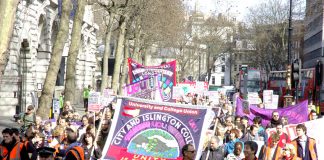 Striking lecturers marching on Thursday in London as part of their national strike action in defence of pensions and in opposition to wage cuts
