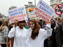 Students joined the 500,000-strong demonstration against the coalition on Saturday