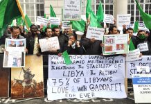 A section of the 200-strong Libyan lobby of the Lancaster House conference in London yesterday