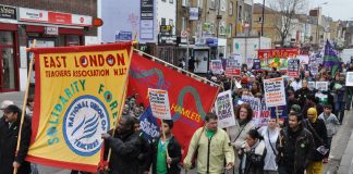 Two thousand teachers and Unison members marched through Tower Hamlets yesterday