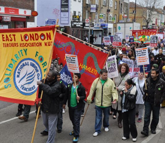 Two thousand teachers and Unison members marched through Tower Hamlets yesterday