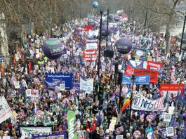 Unison members with their banners and balloons on last Saturday’s TUC demonstration against the cuts