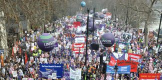 Unison members with their banners and balloons on last Saturday’s TUC demonstration against the cuts