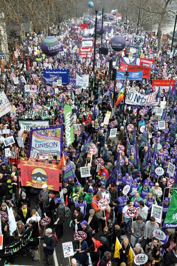 Unison members with their banners and balloons on last Saturday’s TUC demonstration against the cuts