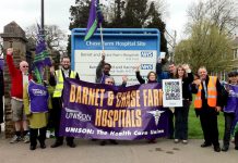 Yesterday’s picket of Chase farm Hospital with Unison Regional officer DEREK HELYAR (at left of banner)