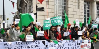 Banners on the mass picket of the Contact Group’s first meeting in London last month exposing the lies of the imperialists about the war they have launched against Libya