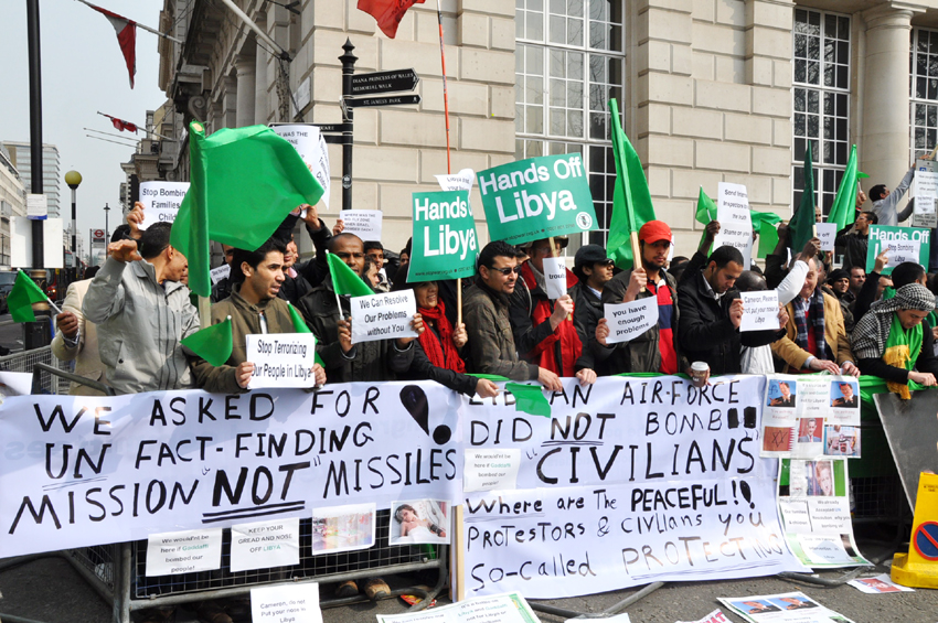 Banners on the mass picket of the Contact Group’s first meeting in London last month exposing the lies of the imperialists about the war they have launched against Libya