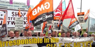 Locked-out Hull construction workers joined environmentalists outside the BP shareholders AGM in Docklands yesterday