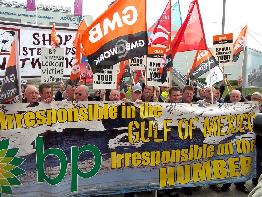 Locked-out Hull construction workers joined environmentalists outside the BP shareholders AGM in Docklands yesterday