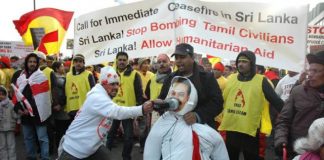 A mass demonstration in London against the slaughter of Tamils in the North of Sri Lanka