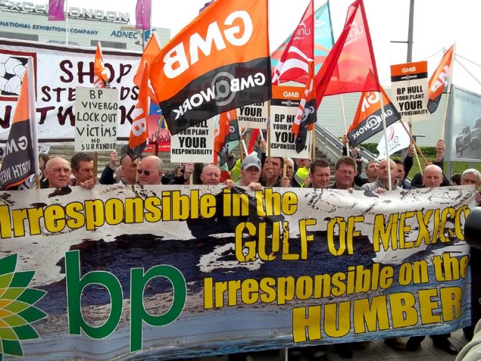 Workers demonstrate outside the recent shareholders’ meeting of BP in London, with a banner saying: ‘Irresponsible in the Gulf of  Mexico, Irresponsible on the Humber’