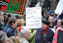 Trade unionists demand ‘Save the NHS’ and ‘More Midwives’ – but the Tory-led coalition is out to smash up the health service and hand services over to private businesses